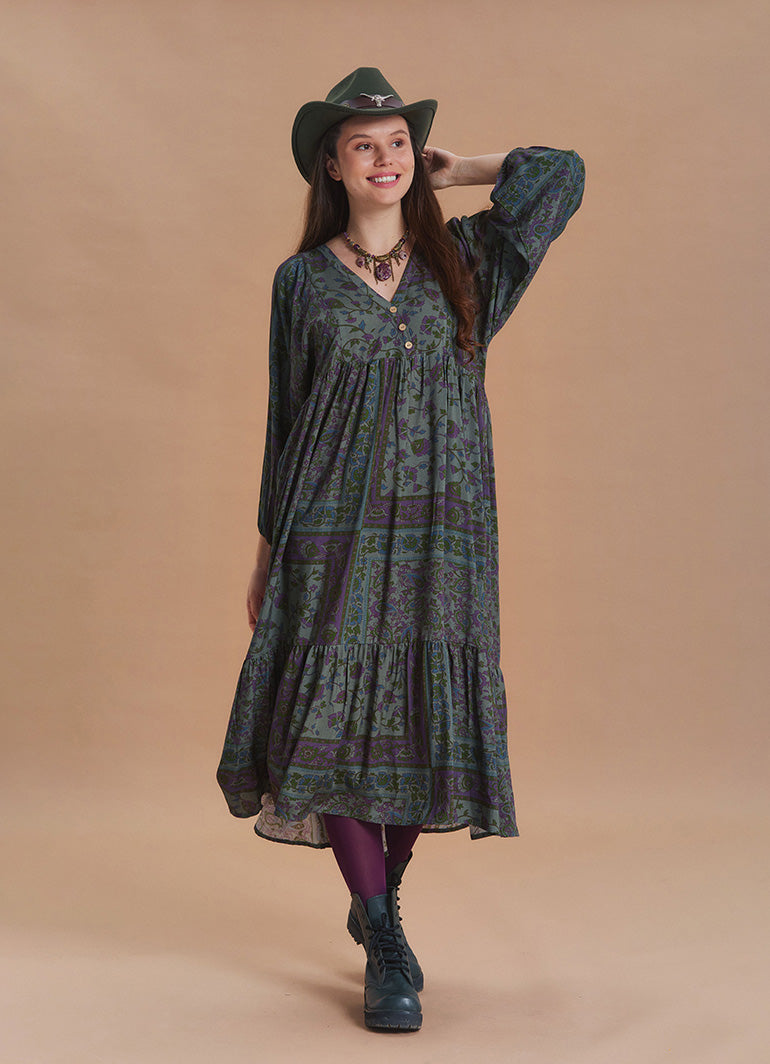 V Neck Loose Fit Dark Green Agora Print Long Sleeve Dress