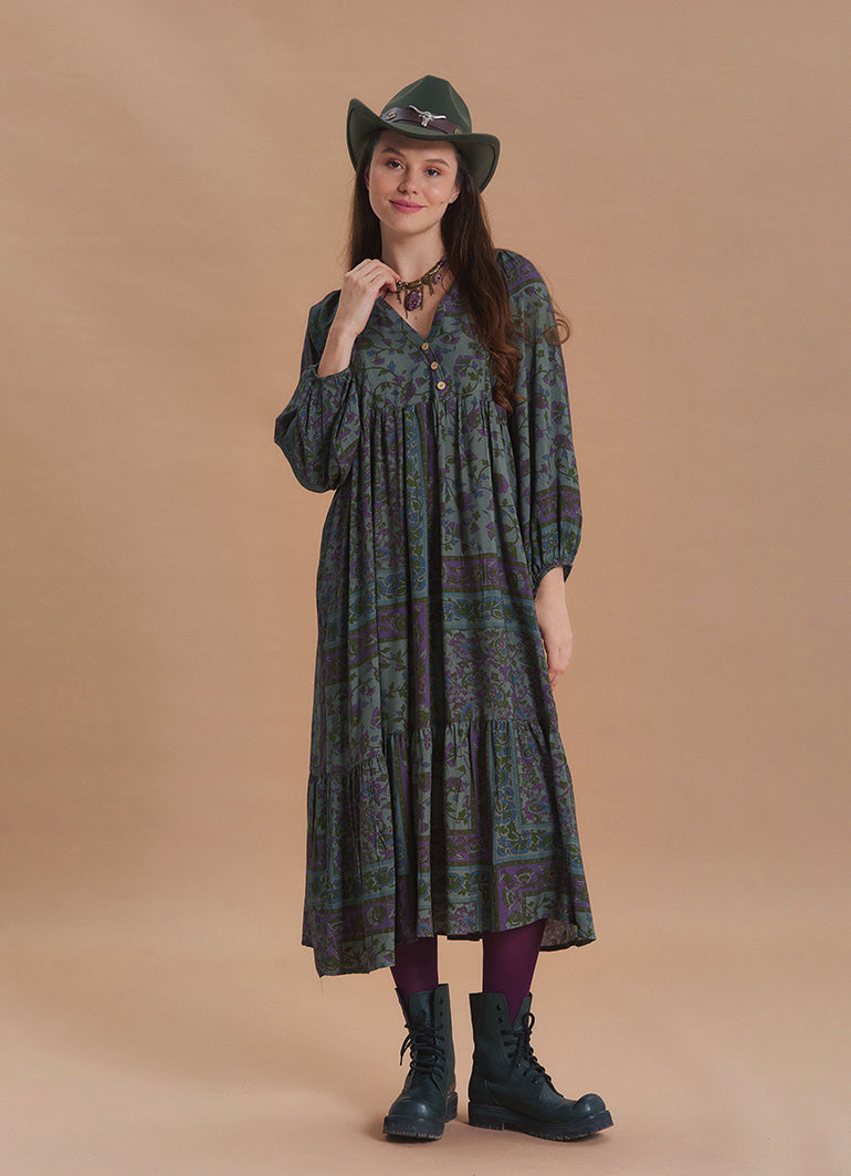 V Neck Loose Fit Dark Green Agora Print Long Sleeve Dress