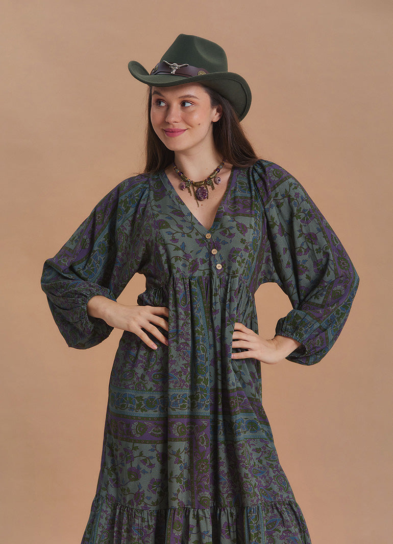 V Neck Loose Fit Dark Green Agora Print Long Sleeve Dress