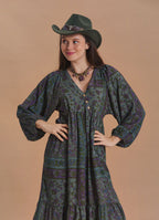 V Neck Loose Fit Dark Green Agora Print Long Sleeve Dress