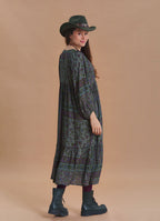 V Neck Loose Fit Dark Green Agora Print Long Sleeve Dress