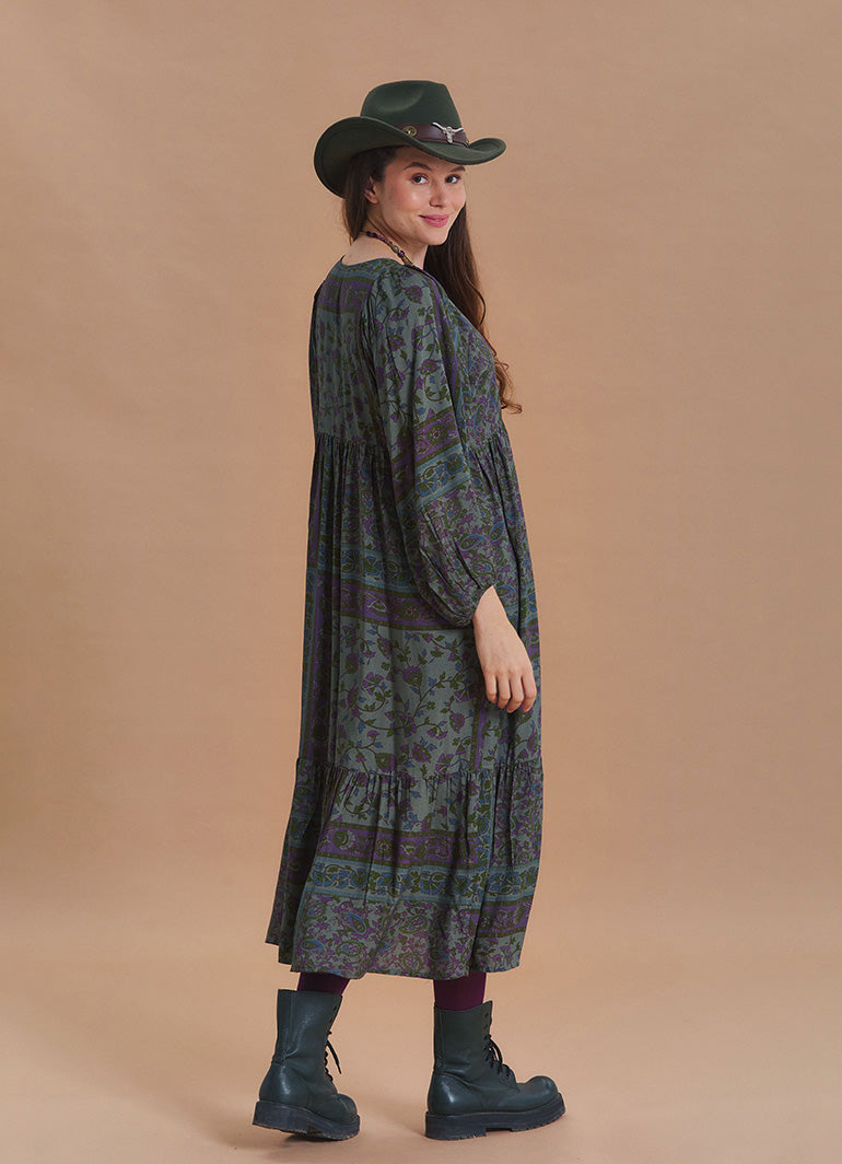V Neck Loose Fit Dark Green Agora Print Long Sleeve Dress