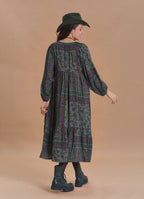 V Neck Loose Fit Dark Green Agora Print Long Sleeve Dress
