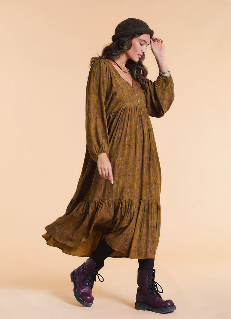 V Neck Loose Fit Khaki Patterned Winter Dress