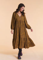 V Neck Loose Fit Khaki Patterned Winter Dress