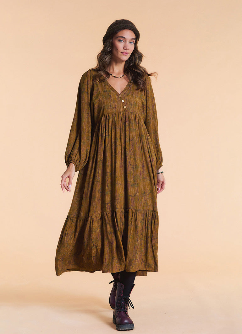 V Neck Loose Fit Khaki Patterned Winter Dress