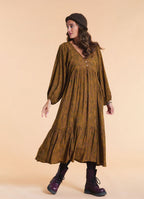 V Neck Loose Fit Khaki Patterned Winter Dress