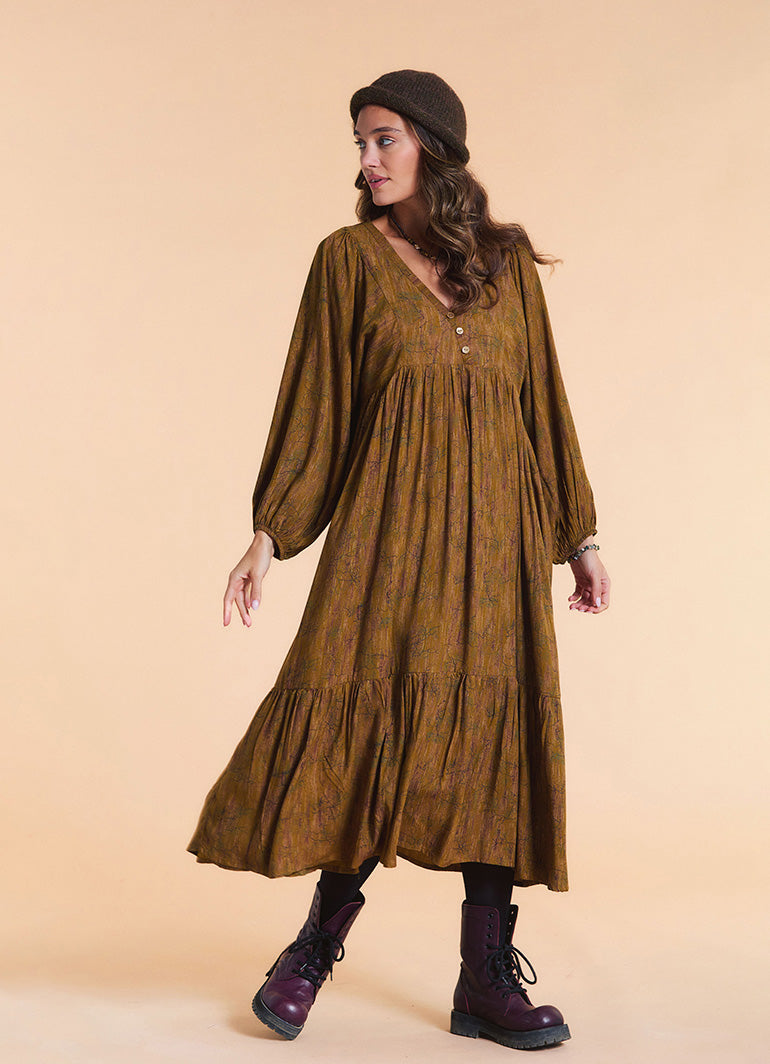 V Neck Loose Fit Khaki Patterned Winter Dress