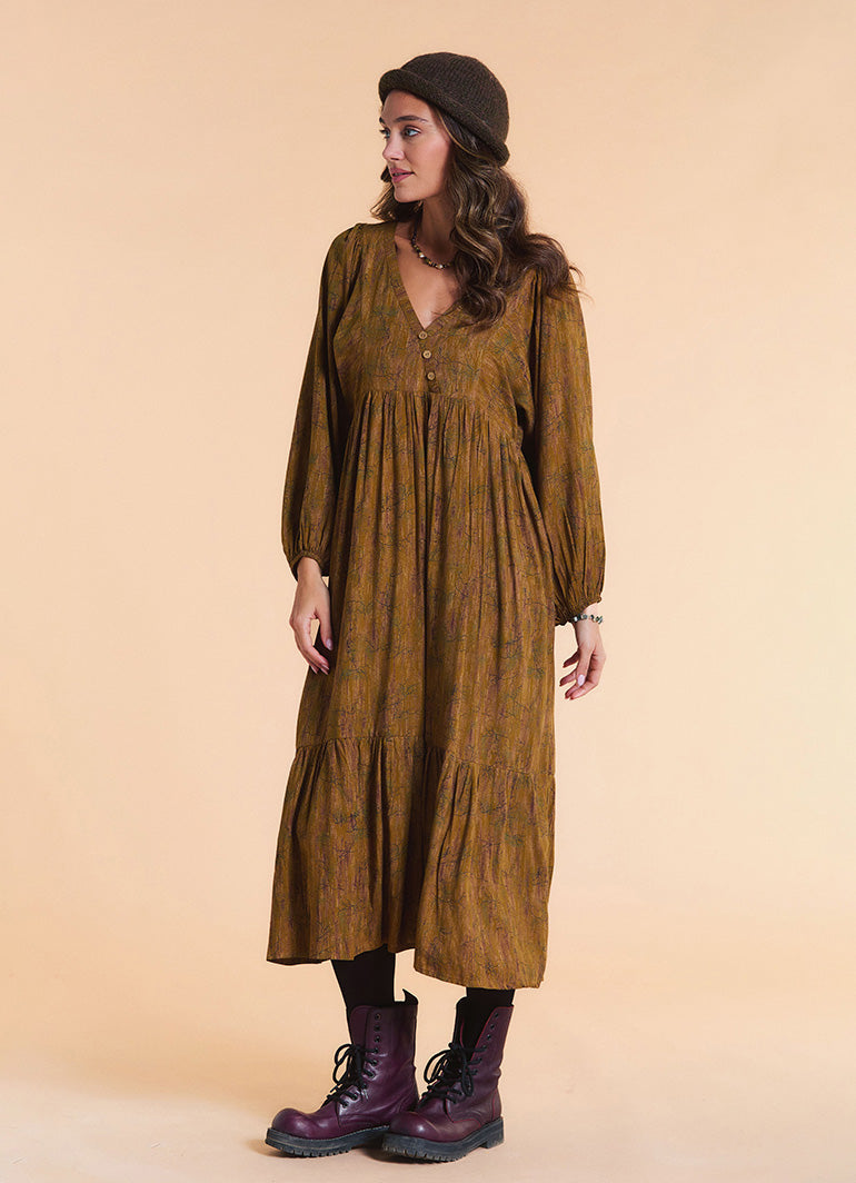 V Neck Loose Fit Khaki Patterned Winter Dress