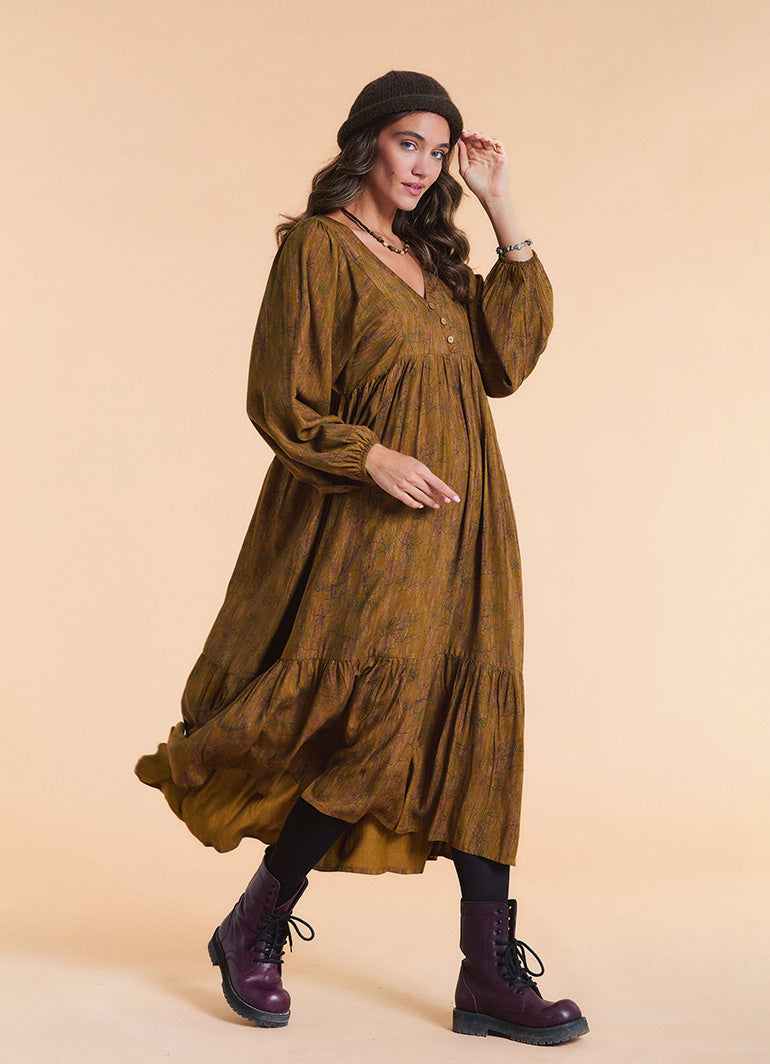 V Neck Loose Fit Khaki Patterned Winter Dress