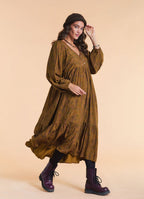 V Neck Loose Fit Khaki Patterned Winter Dress