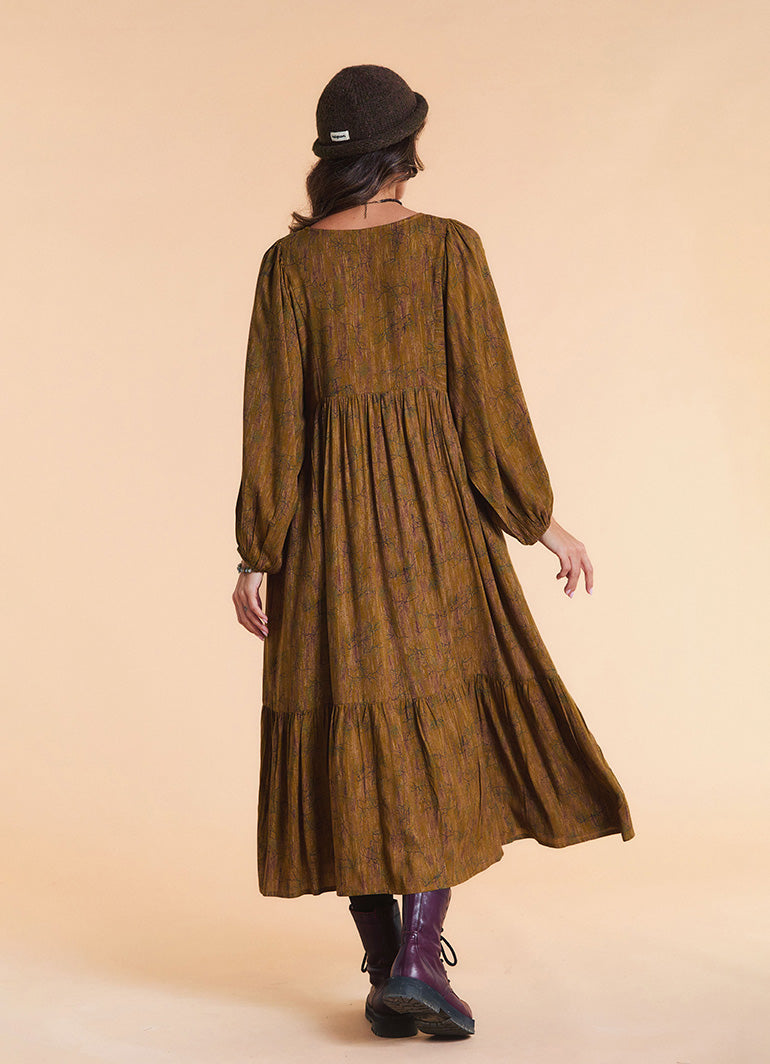 V Neck Loose Fit Khaki Patterned Winter Dress