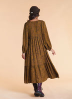 V Neck Loose Fit Khaki Patterned Winter Dress