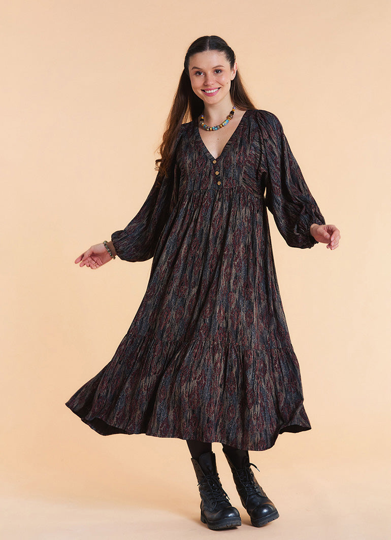 V Neck Elastic Sleeves with Button Detail Brown Patterned Long Dress