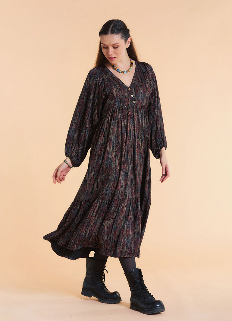 V Neck Elastic Sleeves with Button Detail Brown Patterned Long Dress