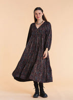 V Neck Elastic Sleeves with Button Detail Brown Patterned Long Dress