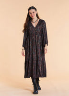 V Neck Elastic Sleeves with Button Detail Brown Patterned Long Dress
