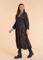 V Neck Elastic Sleeves with Button Detail Brown Patterned Long Dress