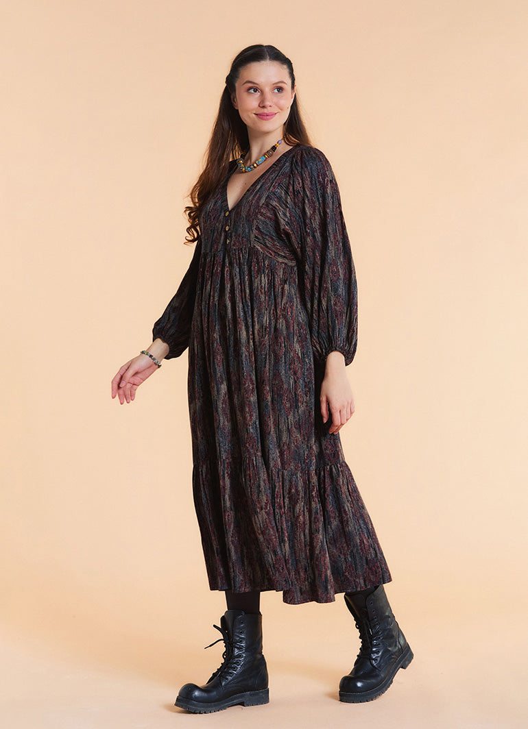 V Neck Elastic Sleeves with Button Detail Brown Patterned Long Dress