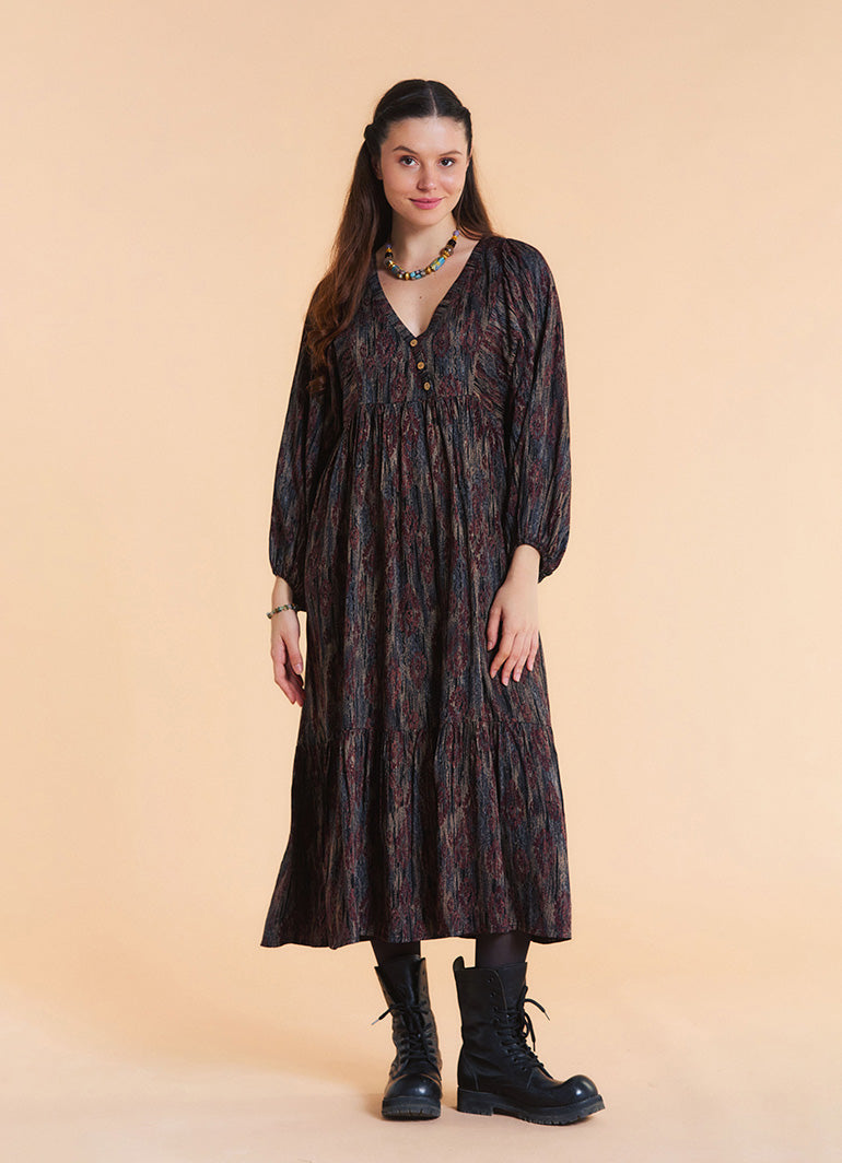 V Neck Elastic Sleeves with Button Detail Brown Patterned Long Dress