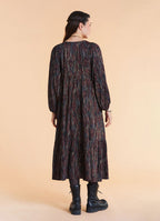 V Neck Elastic Sleeves with Button Detail Brown Patterned Long Dress
