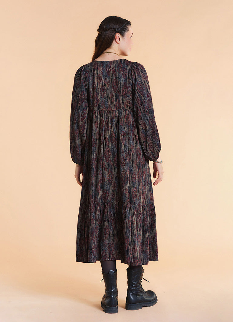 V Neck Elastic Sleeves with Button Detail Brown Patterned Long Dress