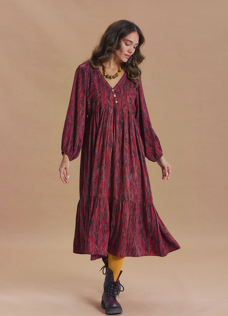 V Neck Elastic Sleeves with Button Detail Red Patterned Winter Dress