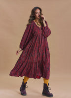 V Neck Elastic Sleeves with Button Detail Red Patterned Winter Dress