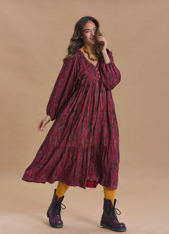 V Neck Elastic Sleeves with Button Detail Red Patterned Winter Dress