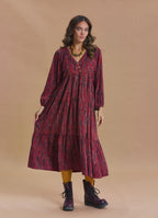 V Neck Elastic Sleeves with Button Detail Red Patterned Winter Dress
