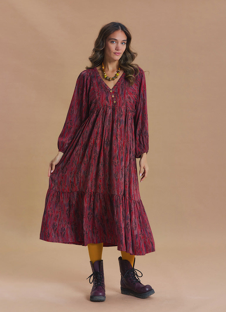 V Neck Elastic Sleeves with Button Detail Red Patterned Winter Dress
