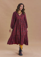 V Neck Elastic Sleeves with Button Detail Red Patterned Winter Dress