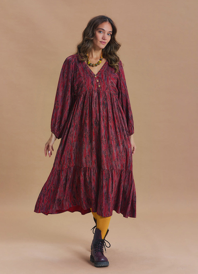 V Neck Elastic Sleeves with Button Detail Red Patterned Winter Dress