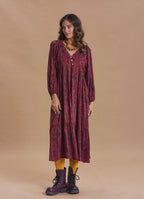 V Neck Elastic Sleeves with Button Detail Red Patterned Winter Dress