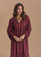 V Neck Elastic Sleeves with Button Detail Red Patterned Winter Dress
