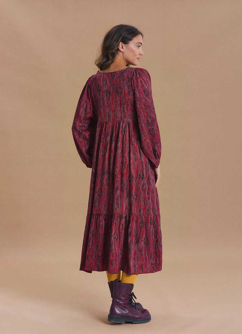 V Neck Elastic Sleeves with Button Detail Red Patterned Winter Dress