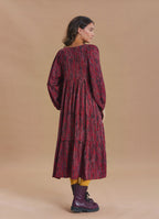V Neck Elastic Sleeves with Button Detail Red Patterned Winter Dress
