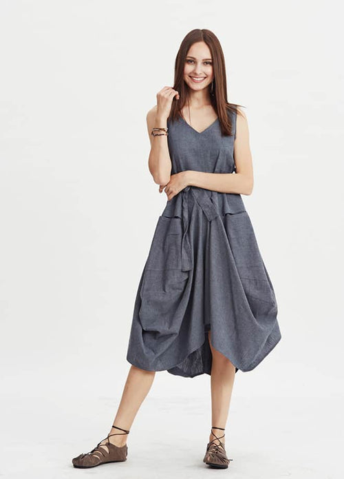 Balloon Skirt Tie Waist Sleeveless Grey Dress