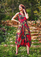 Authentic Print Sleeveless Scoop Neck Red Dress