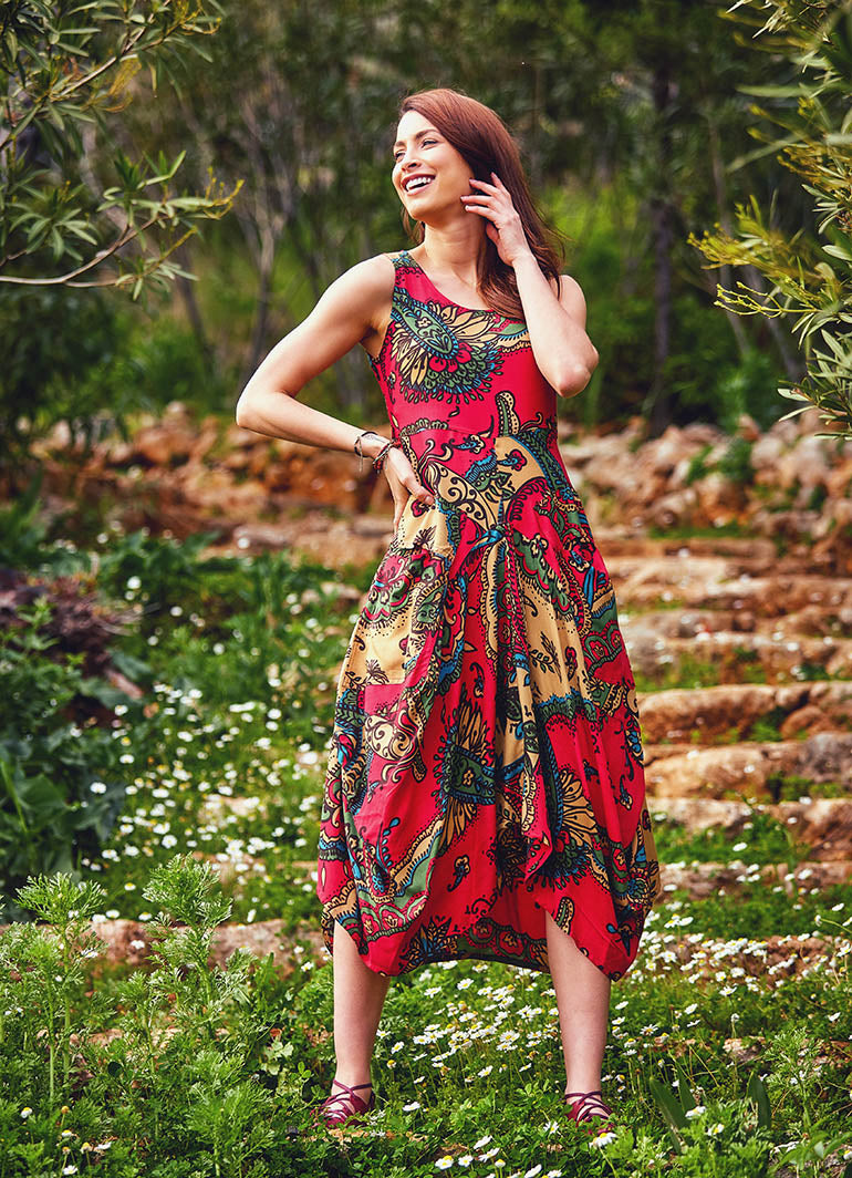 Authentic Print Sleeveless Scoop Neck Red Dress