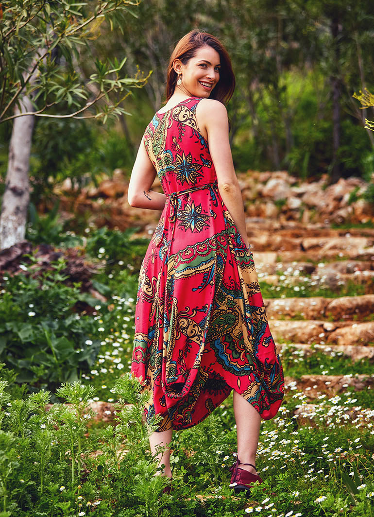 Authentic Print Sleeveless Scoop Neck Red Dress