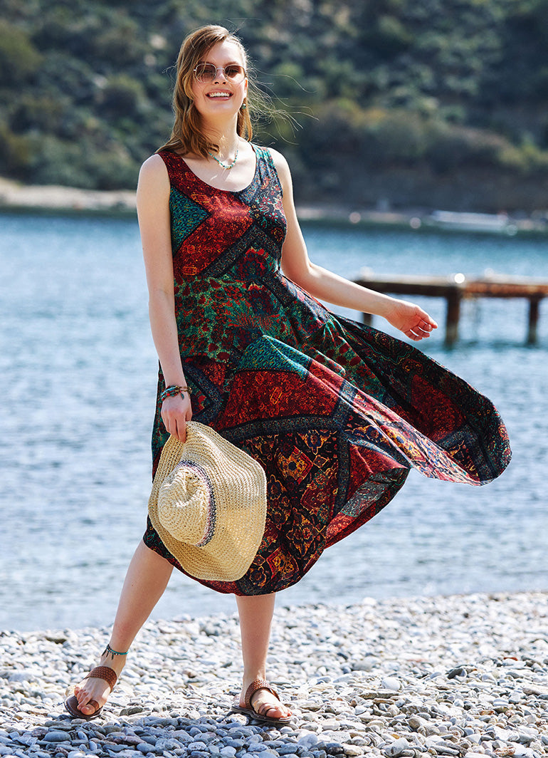 Black Print Round Neck Sleeveless Tie Waist Boho Long Dress