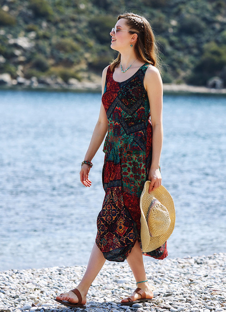 Black Print Round Neck Sleeveless Tie Waist Boho Long Dress
