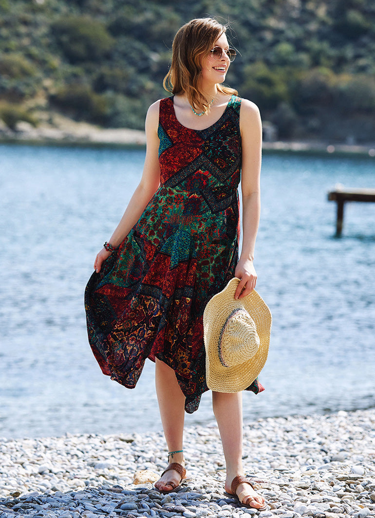Black Print Round Neck Sleeveless Tie Waist Boho Long Dress