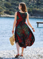 Black Print Round Neck Sleeveless Tie Waist Boho Long Dress