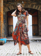 Brown Print Asymmetrical Hem Half Sleeve Bohemian Long Dress
