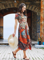 Brown Print Asymmetrical Hem Half Sleeve Bohemian Long Dress