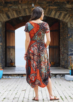 Brown Print Asymmetrical Hem Half Sleeve Bohemian Long Dress