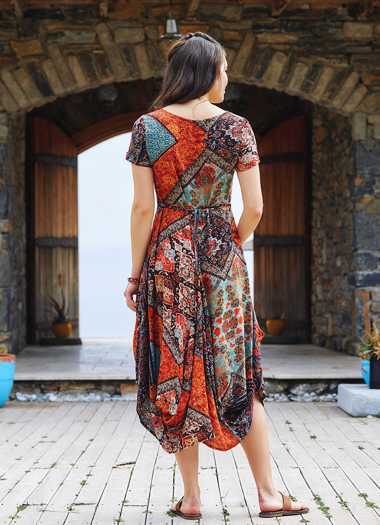 Brown Print Asymmetrical Hem Half Sleeve Bohemian Long Dress