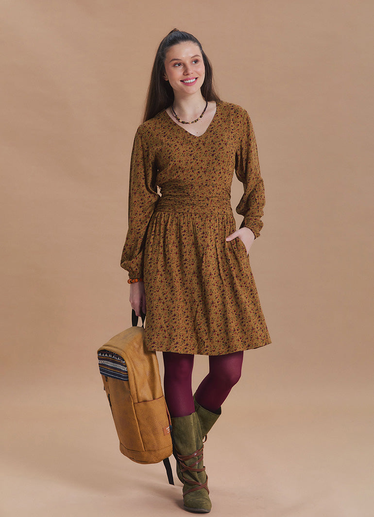 V Neck Draped Belt Detailed Mustard Floral Dress